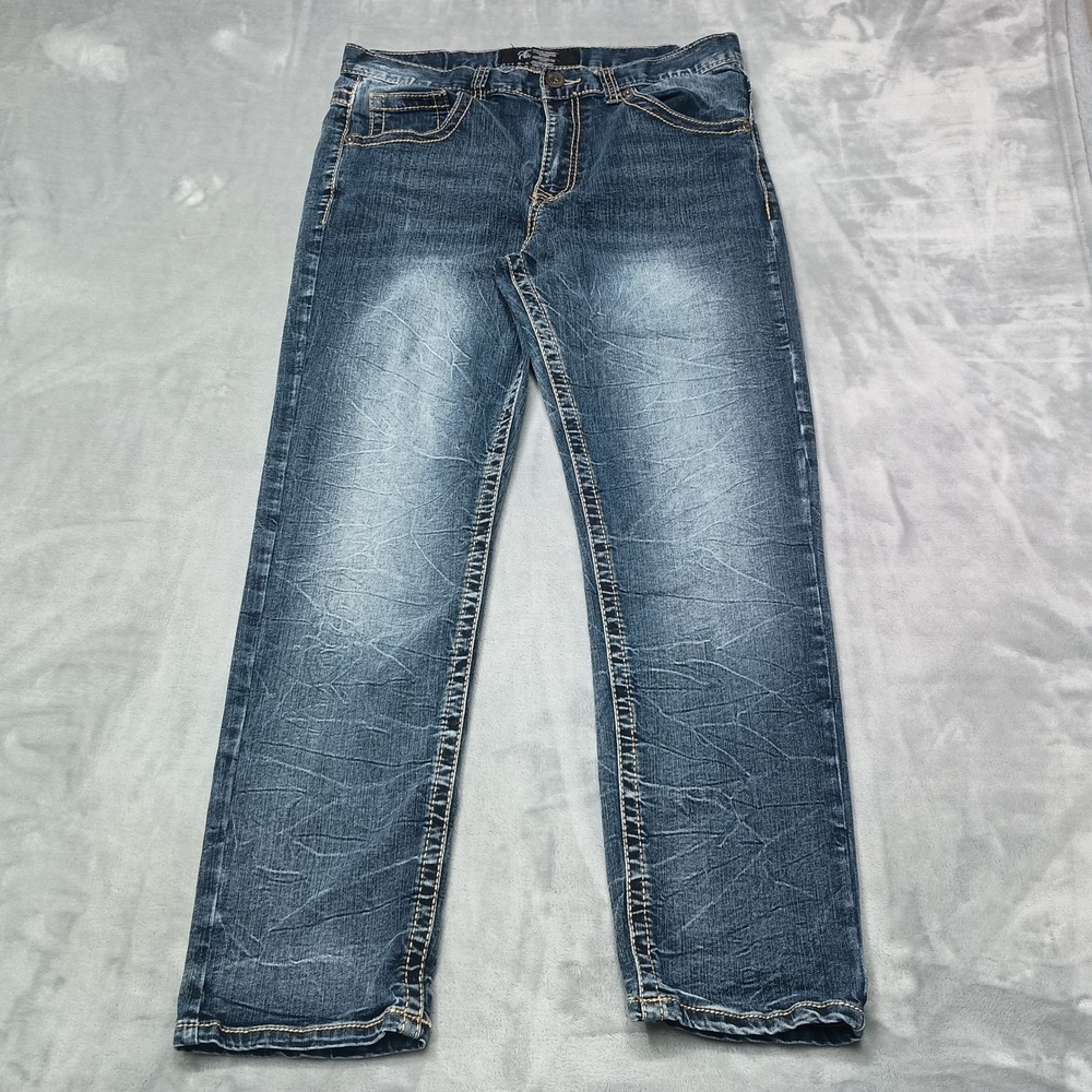 True Luck Jeans Mens 34x30 Blue Straight Leg Distressed Whiskered Workwear